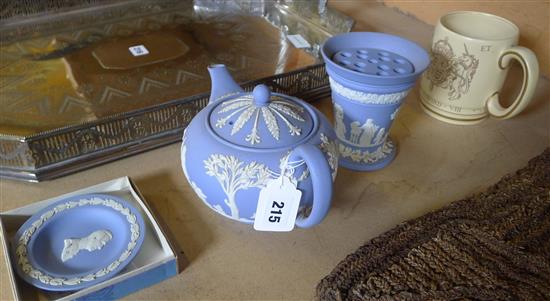 Wedgwood jasper teapot, vase and dish and a Grays pottery Edward VIII mug